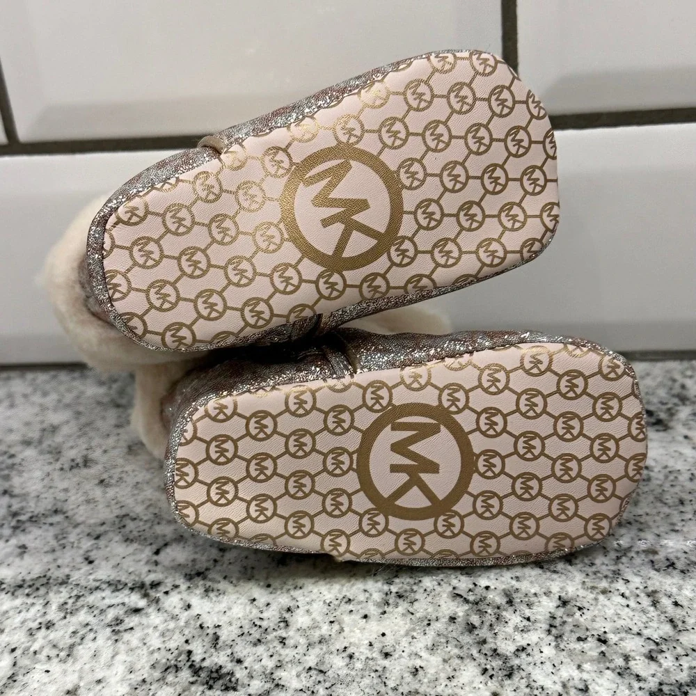 Michael Kors Baby Infant Sz 2 Booties Rose Gold Glitter Faux Fur Emma Bliss Chic